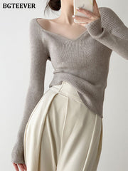 Pydshop Casual V-Neck Slim Ladies Pullovers Sweaters Long Sleeve Skinny Female Knitted Jumpers 2022 Spring Women Knitwear Tops