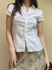 Pydshop Women's Basic Button Down Shirts Cap Sleeve Lapel Collar Tight Blouse Tie Up Back Slim Fit Tops Summer Y2k Coquette Shirts