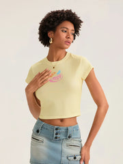 Pydshop Women Retro Graphic Baby Tees Y2k 00s Short Sleeve Crew Neck Crop Top Fairy Grunge Lemons Print T Shirt Cute Summer Baby Tees