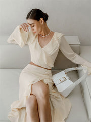 Pydshop Ruffled V-Neck Mini Skirt Sets For Women Casual Summer Long Sleeve Patchwork Split Solid 2 Piece-Set Crop top Outfits