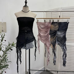 Pydshop Women's Tie Dye Ruffled Ribbon Mesh Tube Top Irregular Mesh Sleeveless Tube Top Sexy Backless Vest Party Leisure Essential Y2K