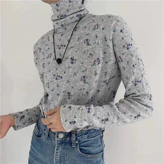 Pydshop Retro Floral Autumn Winter Basic Shirt Turtleneck T-shirt Long Sleeved Slim Top for Women Vintage Casual Tee Tops Elasticity
