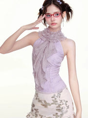 Pydshop Fashion Sexy Halter Ruched Slim Fit Tops Women Y2k Sleeveless Lace Ruffle Camisole Vest 2024 Summer New Purple Tank Top