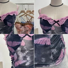 Pydshop Women Spaghetti Strap Lace Bow Slim Top Tie Dye Butterfly Print Tank Top Mesh Hot Girl Padded Tee Sexy Summer Vacation Y2K Vest