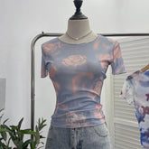 Pydshop Women's 2024 Retro Thin Mesh Butterfly Print Slim Short Sleeve T-Shirt Women's Summer Short Hot Girl Top Holiday Mini Summer Tee