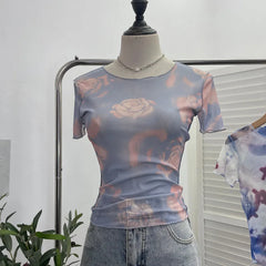 Pydshop Women's 2024 Retro Thin Mesh Butterfly Print Slim Short Sleeve T-Shirt Women's Summer Short Hot Girl Top Holiday Mini Summer Tee