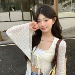 Pydshop 2024 Summer New Lace Oversized Cardigan Y2k E-Girl V-neck Up All-match Shirts Mujer Mid-length Long Sleeve Tops Women