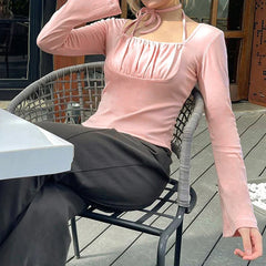 Pydshop 2024 Fashion Woman tops y2k style Pink Halter Flare Sleeve Square Neck Top