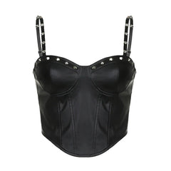 Pydshop 2024 Fashion Woman tops y2k style Gothic Black Rivet PU Leather Top