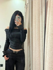 Pydshop American Street Hoodie Bottoming Tops Women Y2k Sexy Crop Top Slim Fit Tee Shirt Spring Autum New Long Sleeve T-shirts