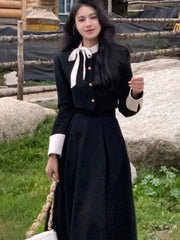 Pydshop Korean Style Two Piece Set Women Spring Autumn Trend Long Sleve Lace Up Single Breasted top + A-Line Midi Skirt Fashion Female