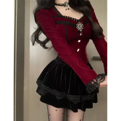 Pydshop Christmas Red Velvet Long Sleeved Slim Fit Tops Women+ High Waist Ruched Black Skirts 2024 Early Autumn New Two Piece Sets