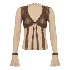 Pydshop 2024 Fashion Woman tops y2k style Vintage Flare Sleeve Lace Patchwork Top