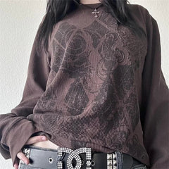 Pydshop Womens Y2k Grunge Emo Star Skull Print Skeleton Goth Fairy Long Sleeve T Shirt Baggy Aesthetic Vintage 90s Teen Girls Tops