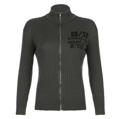 Pydshop 2024 Fashion Woman tops y2k style Vintage Brown Letter Zip Up Knitted Sweater
