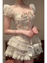 Pydshop Sweet Square Collar Bow Puff Sleeve Slim Fit Floral Tops Women+ High Waist Ruched Lace Skirts 2024 Summer New Two Piece Sets