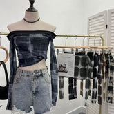 Pydshop Women's Sexy Boat Neck Double Layer Mesh Long Sleeve T-Shirt TieDye Print Short Navel Baring Hottie Top 2300 PartyClub Outfits