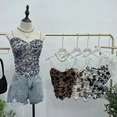 Pydshop Women Retro Tie Dye Printed Spaghetti Strap Camisole Sexy Mesh Pleated Short Tube Top With Breast Pads Sleeveless Casual Y2K Top