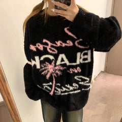 Pydshop - Oversized Sweater Women Winter Letter Jacquard Knit Sweater Thickened Casual Top Y2k Clothes O-Neck Sweater Mujer Fairy Grunge