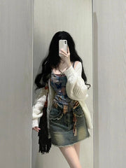 Pydshop American Retro Butterfly Print Layered Tank Top 2024 Summer New Sleeveless Tops Y2k Irregular Slim Fit Vest Two Piece Sets