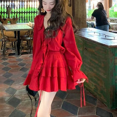 Pydshop Elegant V-neck Ruffles Long Sleeve Tops Women+ Y2k E-Girl High Waist Ruched A-line Skirts Spring New Red Two Piece Sets