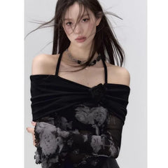 Pydshop Black Fake Two Piece Off Shoulder Tops Women Autumn New Slim Fit Halter Print Tee Shirt Y2k E-Girl Long Sleeve T-shirts