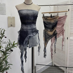 Pydshop Women's Tie Dye Ruffled Ribbon Mesh Tube Top Irregular Mesh Sleeveless Tube Top Sexy Backless Vest Party Leisure Essential Y2K