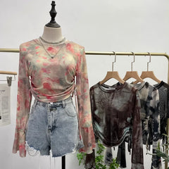 Pydshop Women's Sexy See Through Tie Dye Print Mesh Long Sleeve T-shirt Drawstring Lace Up Short Bell Sleeve Top Casual Streetwear 8929