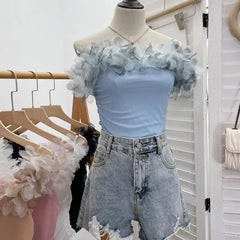 Pydshop Women's Retro Three Dimensional Floral One Shoulder Camisole Tube Top Sexy Pleated Mesh Short Slim Fit Sleeveless Top Outfits