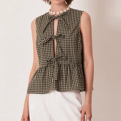 Pydshop 2000s Retro Plaids Bow Tied Front Bodydoll Tank Tops Women's Sleeveless Round Neck Ruffle Hem Vest Summer Stylish Tops