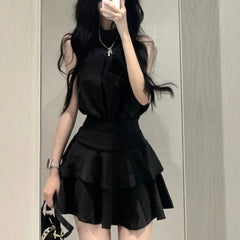 Pydshop Fashion Off Shoulder Sleeveless Halter Black Tops Women+ Y2k E-Girl High Waist Ruched Skirts 2024 Summer New Two Piece Sets