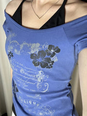 Pydshop Vintage Fake Two Piece Tops Mujer 2024 Summer New Blue Print Halter T-shirt for Women Y2k Slim Fit Short Sleeve Tee Shirt