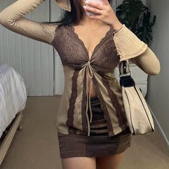 Pydshop 2024 Fashion Woman tops y2k style Vintage Flare Sleeve Lace Patchwork Top