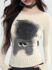 Pydshop Kawaii Graphic T Shirts Women Korean Style Cute Cat Print Crop Tops Kpop Casual Vertical Pit Stripe Long Sleeve Tees