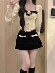 Pydshop Elegant Sweet Square Collar Bow Long Sleeve Tops Women+ Y2k E-Girl High Waist Bodycon 2024 Spring New Skirts Two Piece Sets
