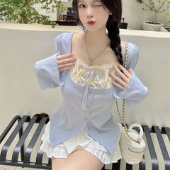 Pydshop Oversize Fake Two Piece Patchwork T-shirts Y2k Square Collar Slim Fit Tops Women 2024 Spring New Long Sleeve Blusas Mujer