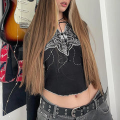 Pydshop Gothic Black Autumn T-shirts Women Lolita Sexy V-Neck Streetwear Print Long Sleeve Crop Top Bodycon Y2K Fashion Casual Tops New
