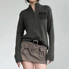 Pydshop 2024 Fashion Woman tops y2k style Vintage Brown Letter Zip Up Knitted Sweater