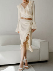 Pydshop Ruffled V-Neck Mini Skirt Sets For Women Casual Summer Long Sleeve Patchwork Split Solid 2 Piece-Set Crop top Outfits