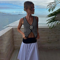 Pydshop Summer Sleeveless Sexy Floral V Neck Slim Striped Knitted Vest Short Navel-Baring Sweater Vest Women's Cut Out Club Top