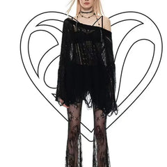 Pydshop American Street Hole Hollow Out Sweaters Fashion Sexy Off Shoulder Knitted Tops 2024 New Long Sleeve Loose Pullover Mujer