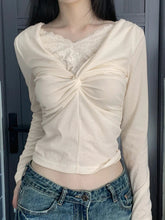 Pydshop 2024 Fashion Woman tops y2k style Skin Folds Lace Trim Long Sleeve Top