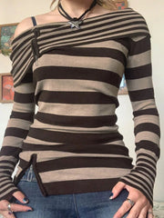 Pydshop 2024 Fashion Woman tops y2k style Vintage Brown Stripe Zipper Off Shoulder Sweater