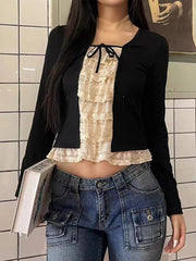 Pydshop 2024 Fashion Woman tops y2k style Vintage Lace Patchwork Slim Ruffles Tie-Up Top