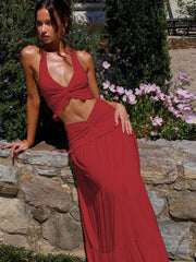 Pydshop Sexy Skirts Two Pieces Set Female V Neck Fungus Halter Neck Sling Top Twist Slim Fit Long Skirts Holiday Matching Sets