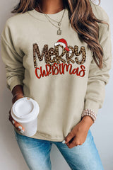 Khaki Merry Christmas Hat Leopard Print Graphic Sweatshirt