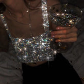 Pydshop Metal Mesh Rhinestone Sleeveless Tank Top Women Back Hollow Chain Crop Tops Hot Girl Beach Sexy Club Party Vest Femme