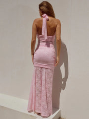 Backless Bodycon Lace Ruched Maxi Dress