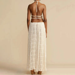 Backless Cropped Halter Tops+drawstring Long Skirts 2 Piece Sets