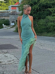 Backless Feather Hem Long Dress